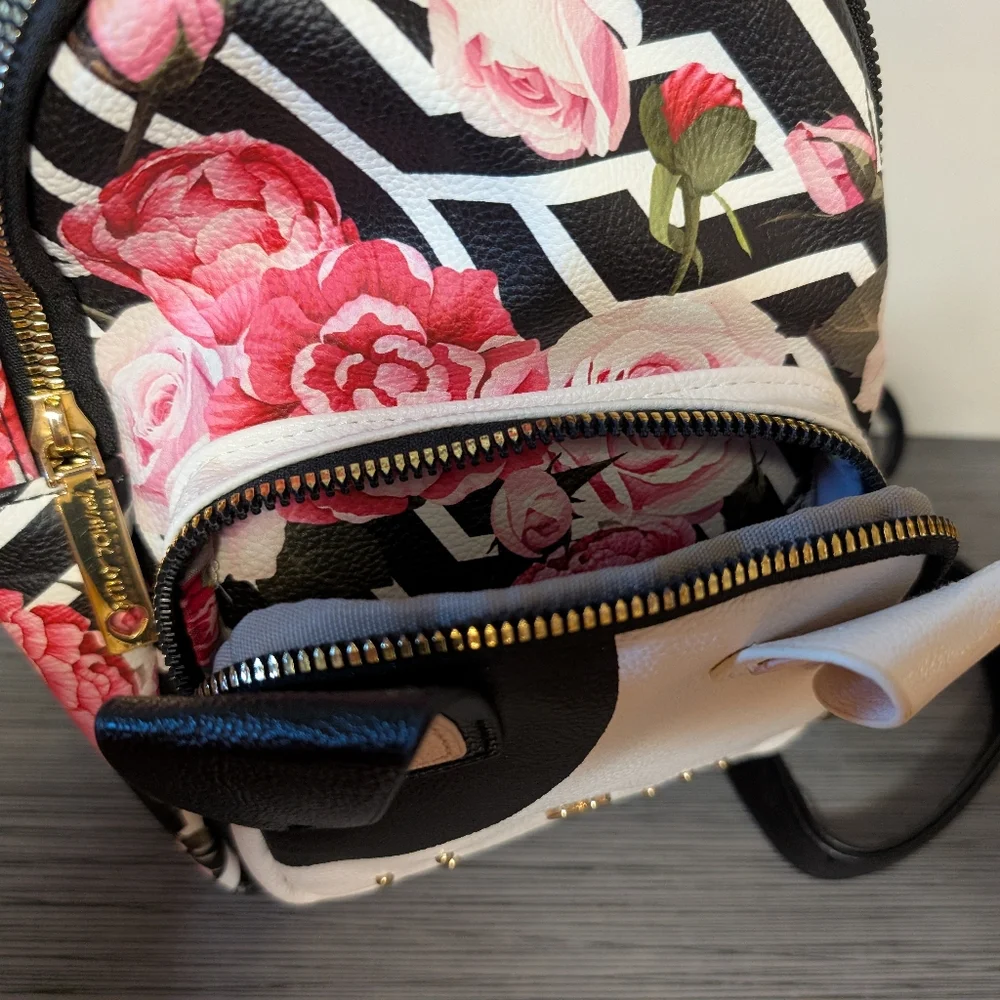 Betsey Johnson Mini Puppy Backpack Floral Rose Print Dog Face Faux Leather Purse